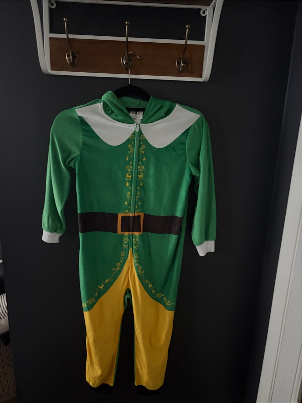 ELF Green and Yellow Hooded Elf Jumpsuit Costume with Printed Belt NWOT